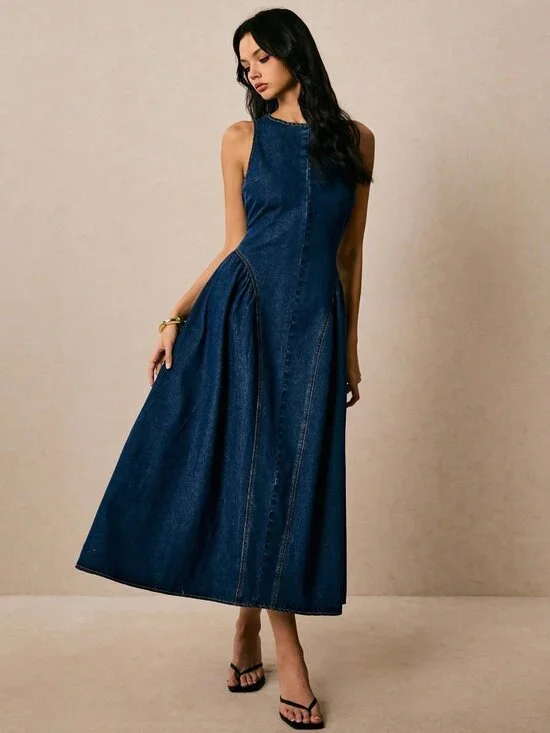 Dark Wash Casual Women's Sleeveless Flared Denim Dress - Picture 4 of 7